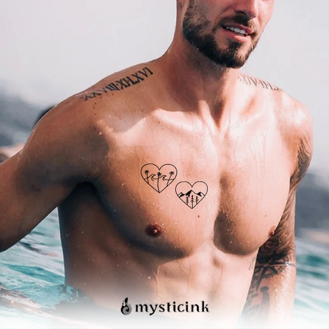 Wanderlust Hearts Temporary Tattoo 🌊🏔️❤️Wanderlust Hearts Temporary Tattoo – Herbal Ink, Waterproof, 15 Days
