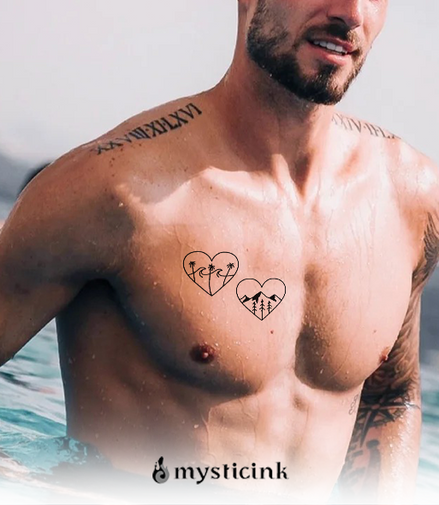 Wanderlust Hearts Temporary Tattoo 🌊🏔️❤️Wanderlust Hearts Temporary Tattoo – Herbal Ink, Waterproof, 15 Days